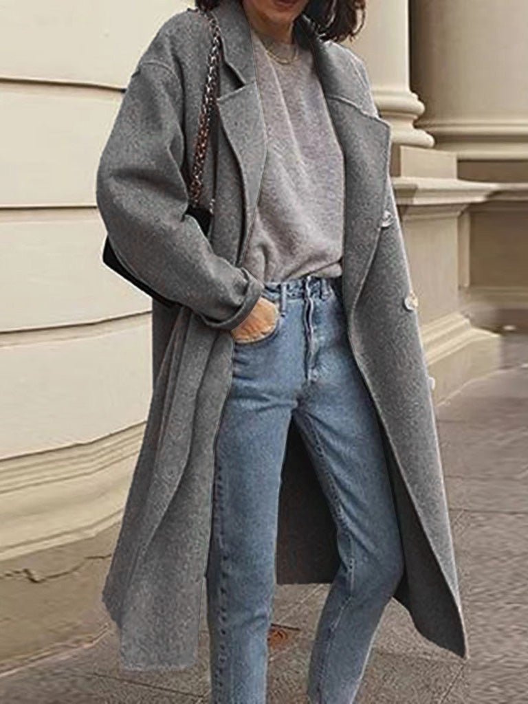 Amsoin Lapel Double Breasted Wool Long Coats