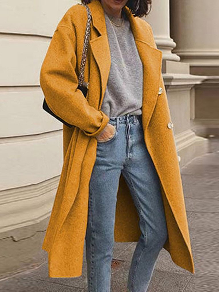 Amsoin Lapel Double Breasted Wool Long Coats