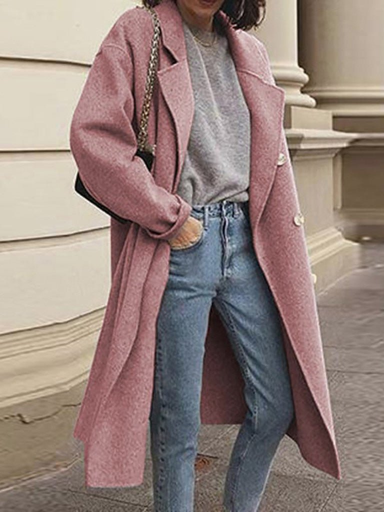 Amsoin Lapel Double Breasted Wool Long Coats