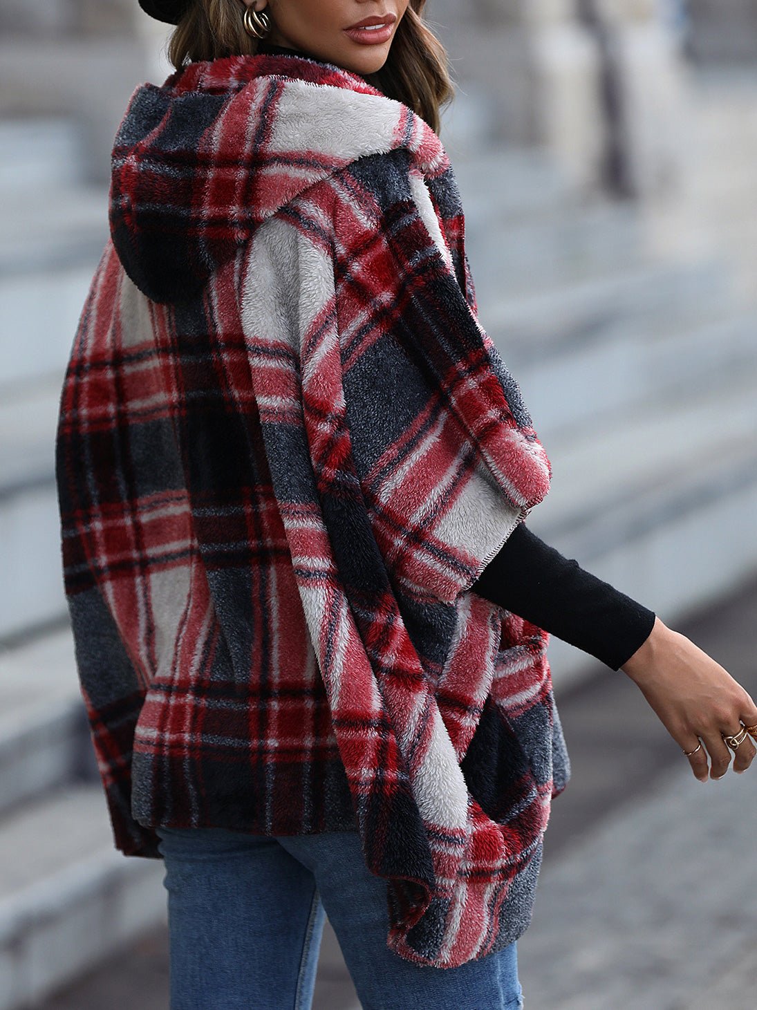 Amsoin Loose Plush Check Hooded Half Sleeve Coats