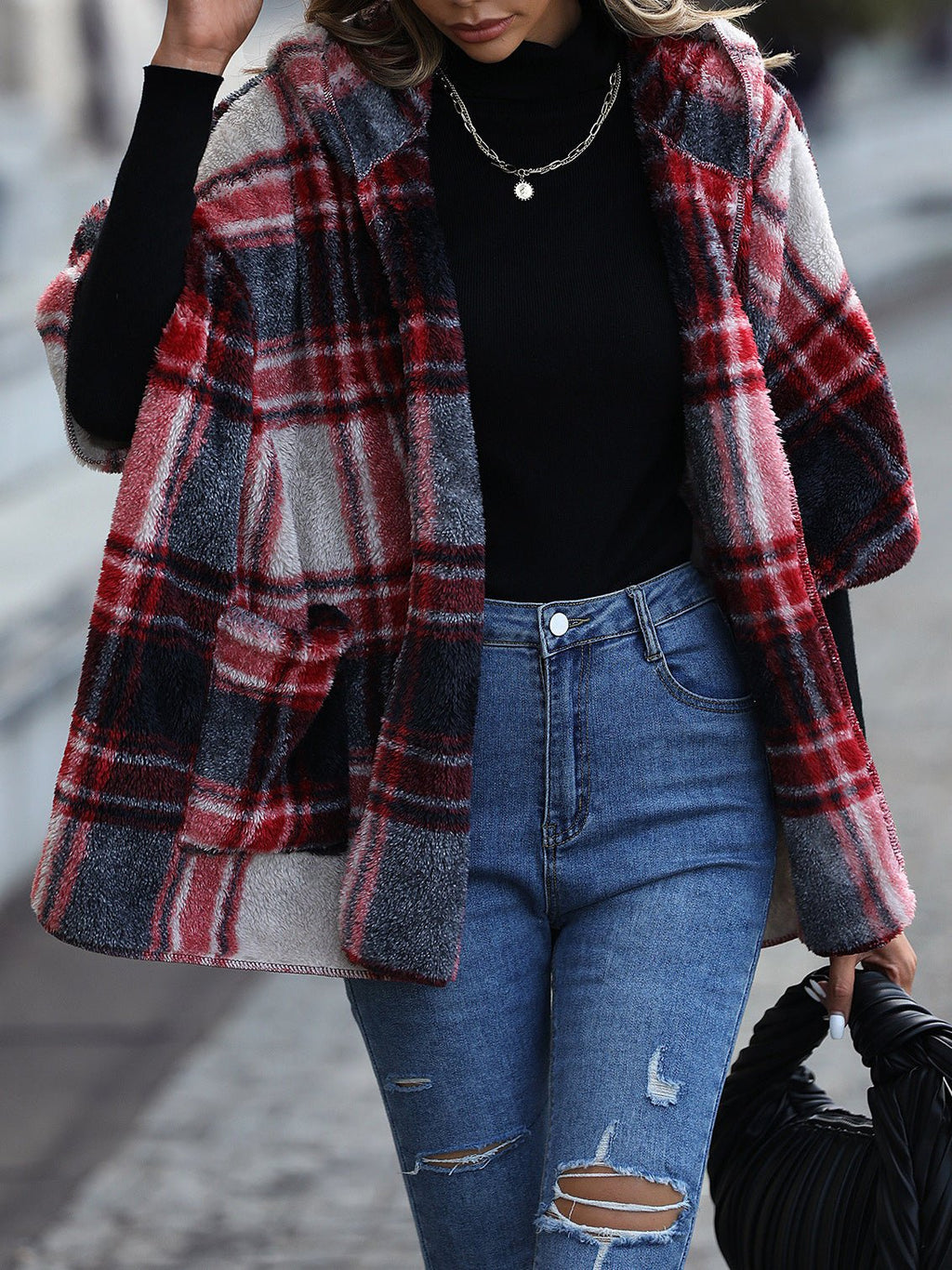 Amsoin Loose Plush Check Hooded Half Sleeve Coats