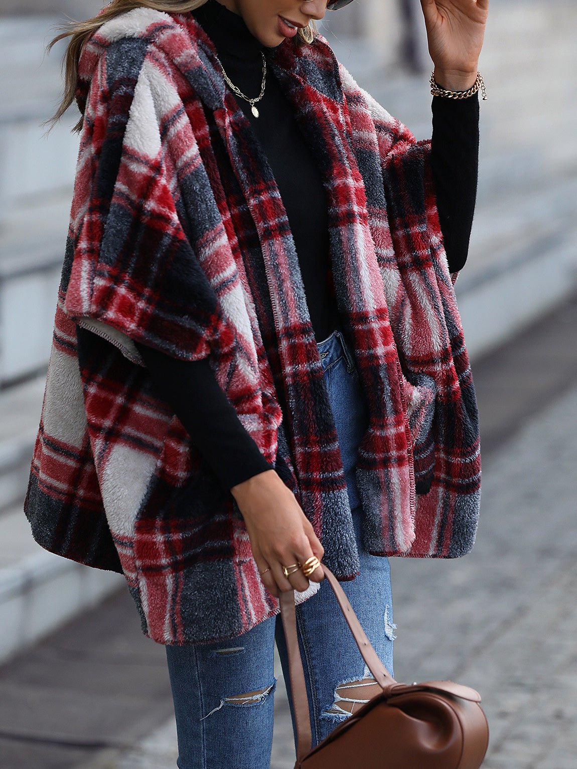 Amsoin Loose Plush Check Hooded Half Sleeve Coats