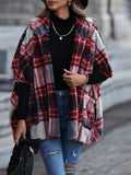 Amsoin Loose Plush Check Hooded Half Sleeve Coats