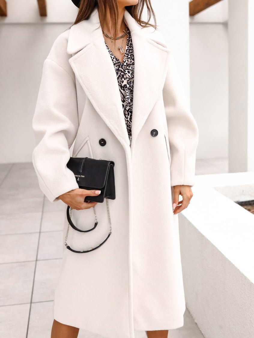 Amsoin Solid Lapel Button Long Wool Coat