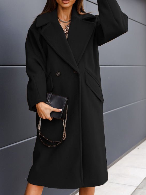 Amsoin Solid Lapel Button Long Wool Coat