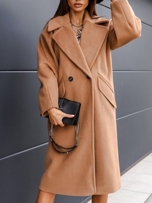Amsoin Solid Lapel Button Long Wool Coat