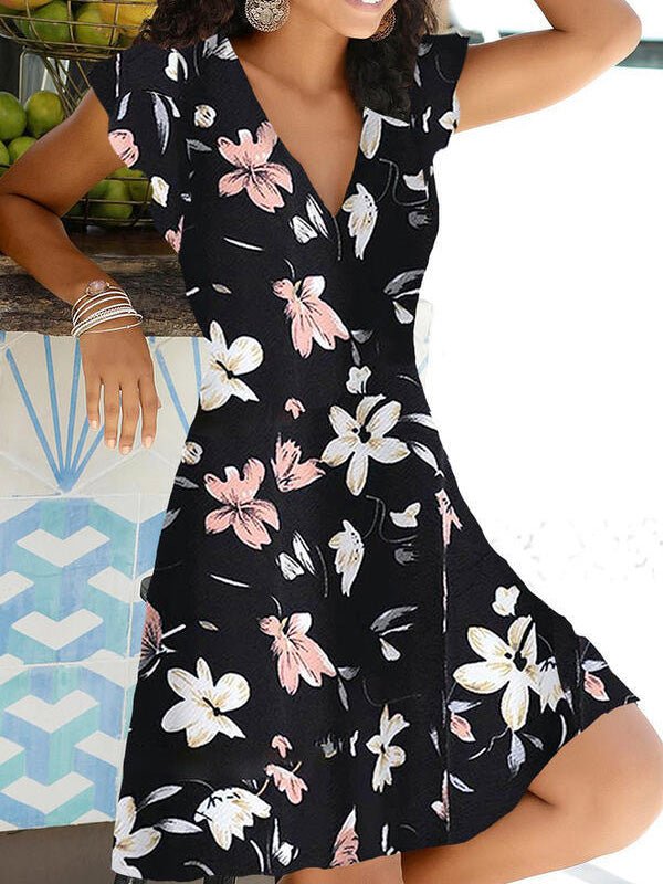 Amsoin Print V-Neck Short Sleeve Dress
