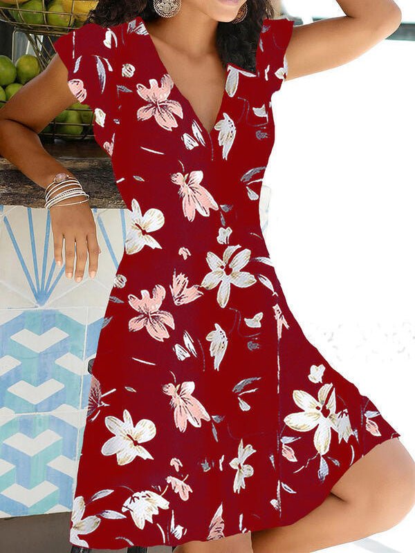 Amsoin Print V-Neck Short Sleeve Dress