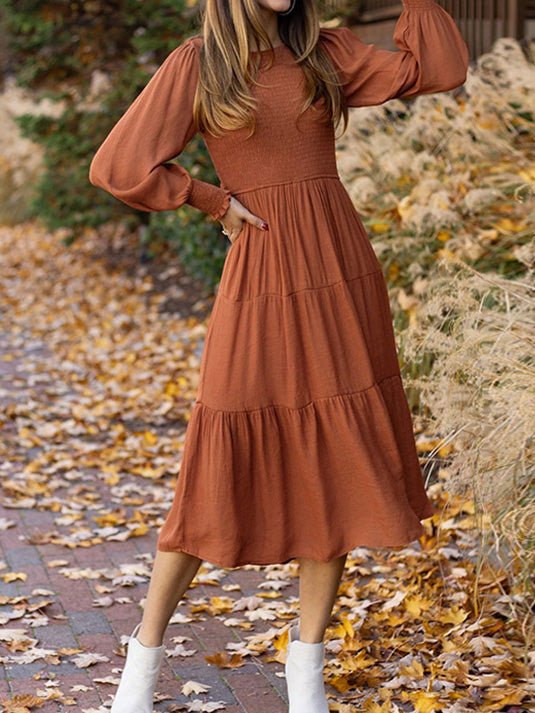 Amsoin Solid Round Neck Balloon Sleeve Dress