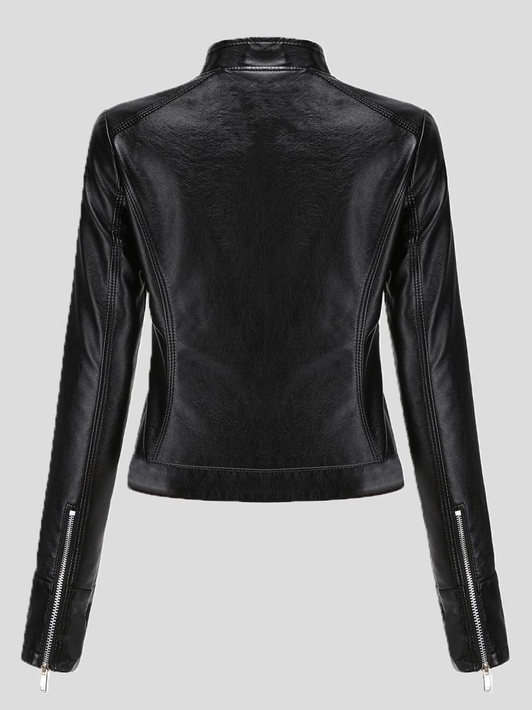 Amsoin Short Stand-Up Collar Zipped Leather Jacket