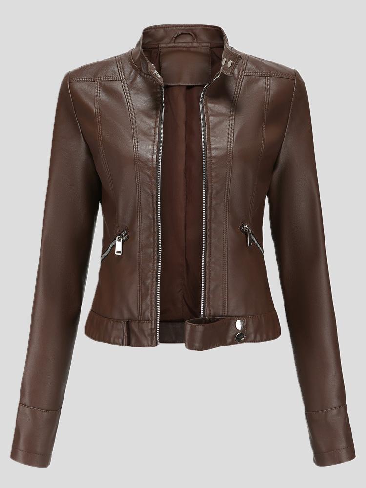 Amsoin Short Stand-Up Collar Zipped Leather Jacket