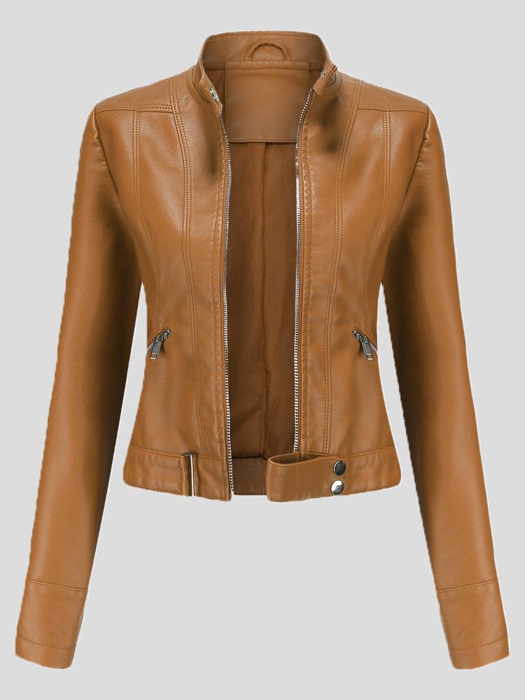Amsoin Short Stand-Up Collar Zipped Leather Jacket