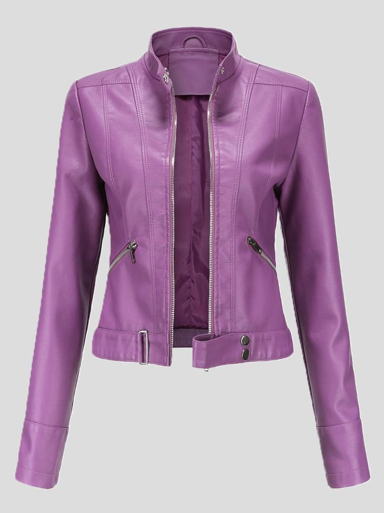 Amsoin Short Stand-Up Collar Zipped Leather Jacket