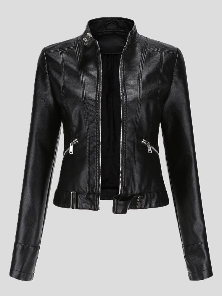 Amsoin Short Stand-Up Collar Zipped Leather Jacket