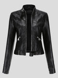 Amsoin Short Stand-Up Collar Zipped Leather Jacket