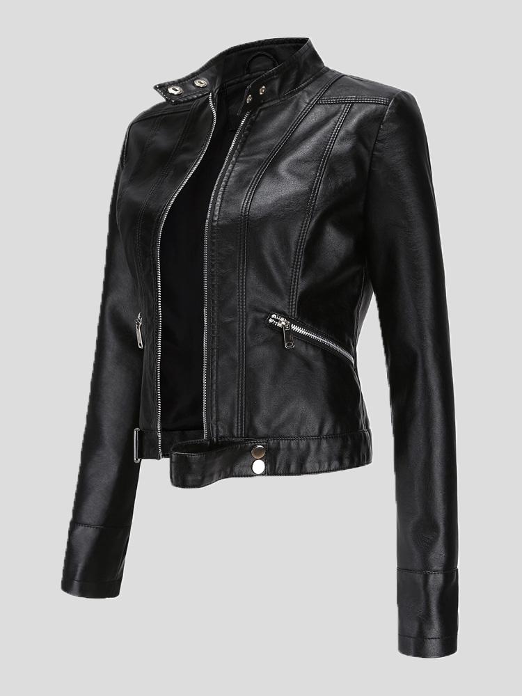 Amsoin Short Stand-Up Collar Zipped Leather Jacket