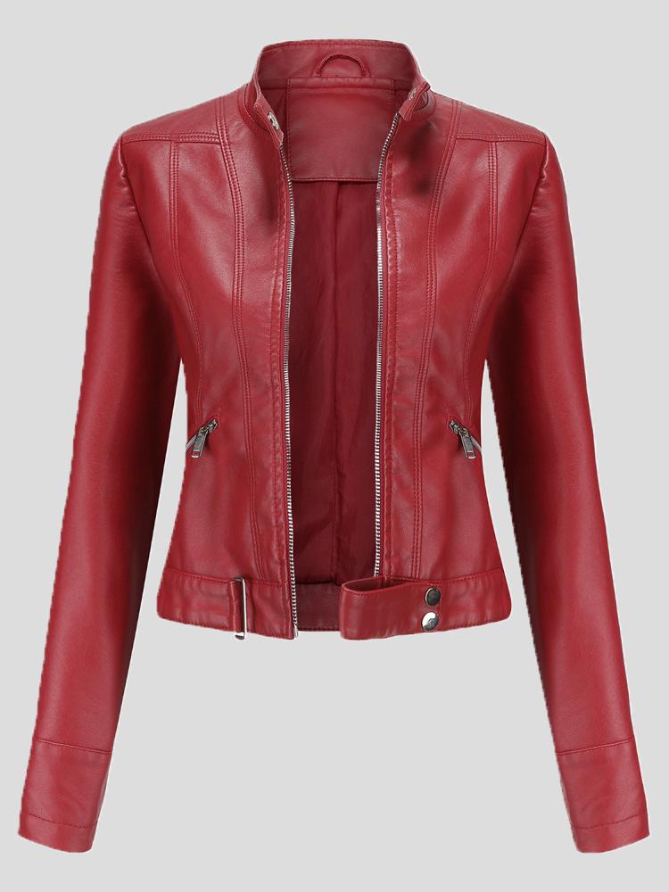 Amsoin Short Stand-Up Collar Zipped Leather Jacket