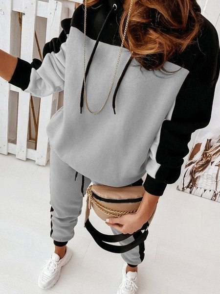 Amsoin Color-Blocking Long Sleeve Trousers Two-Piece