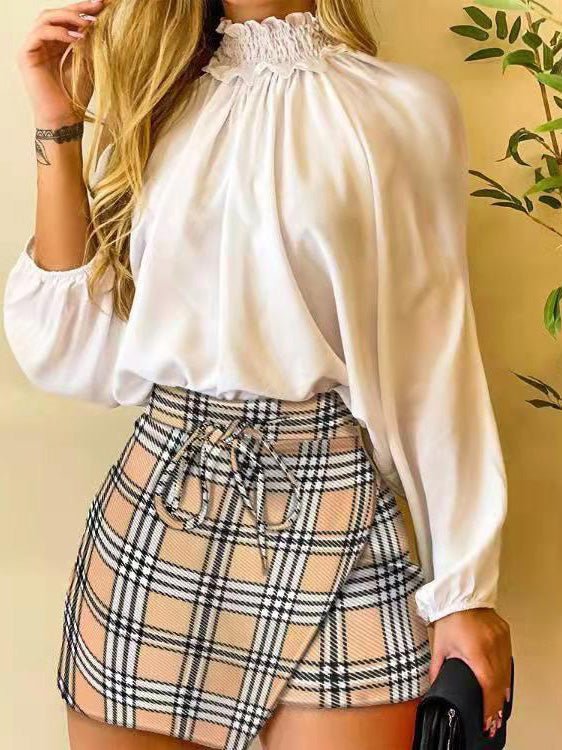 Amsoin High Neck Off Shoulder Shirt & Print Skirt Two Piece Set