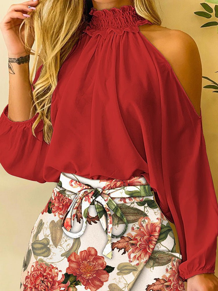 Amsoin High Neck Off Shoulder Shirt & Print Skirt Two Piece Set