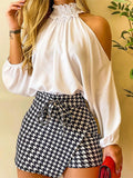 Amsoin High Neck Off Shoulder Shirt & Print Skirt Two Piece Set