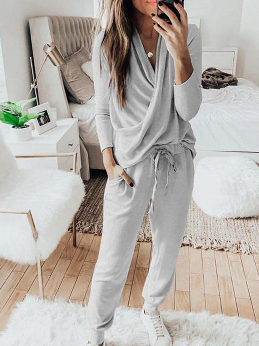 Amsoin Long Sleeve Trousers Casual Two-Piece Suit