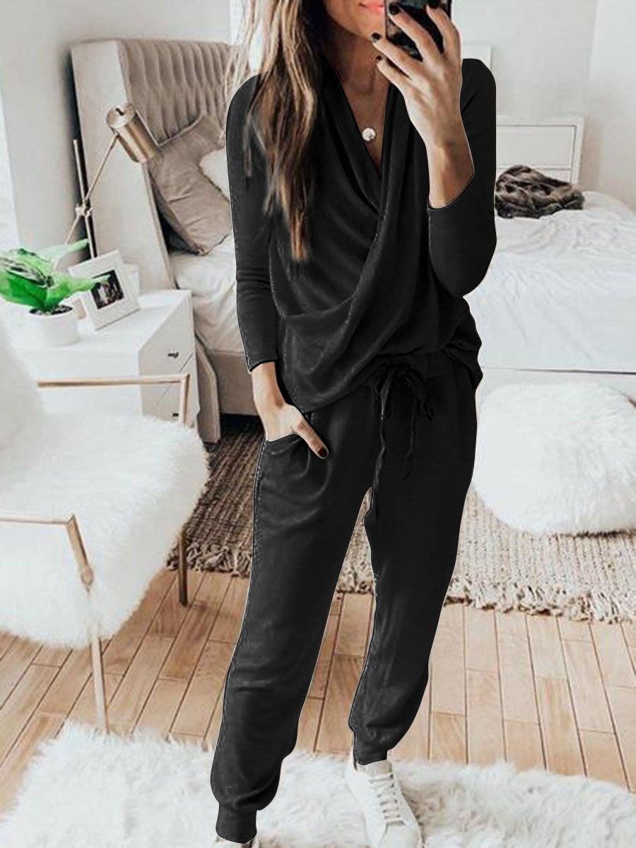 Amsoin Long Sleeve Trousers Casual Two-Piece Suit