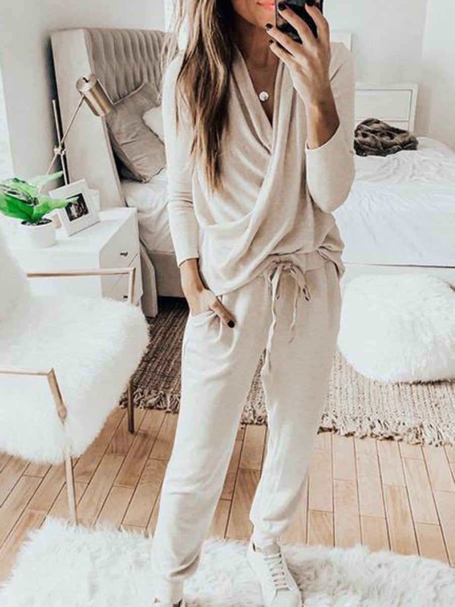 Amsoin Long Sleeve Trousers Casual Two-Piece Suit