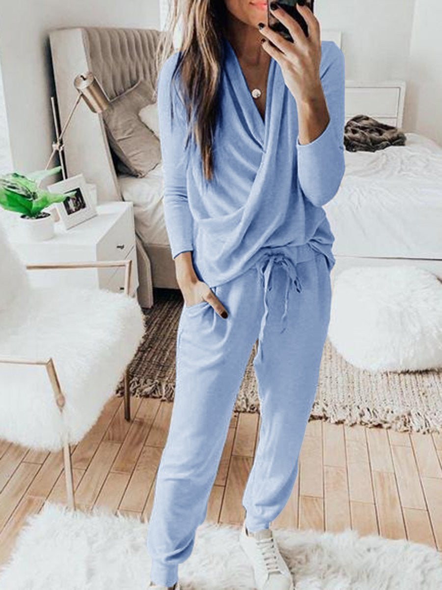 Amsoin Long Sleeve Trousers Casual Two-Piece Suit