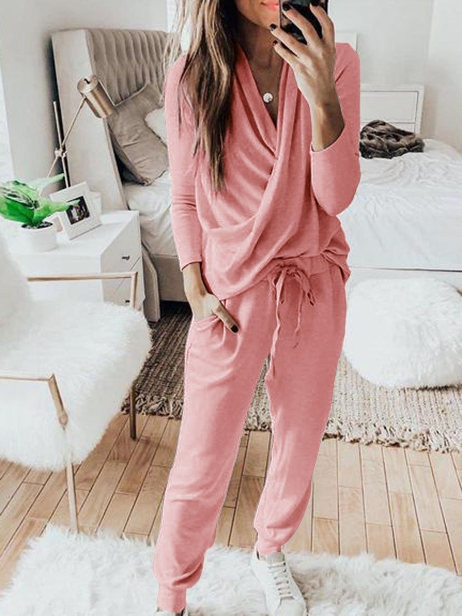 Amsoin Long Sleeve Trousers Casual Two-Piece Suit