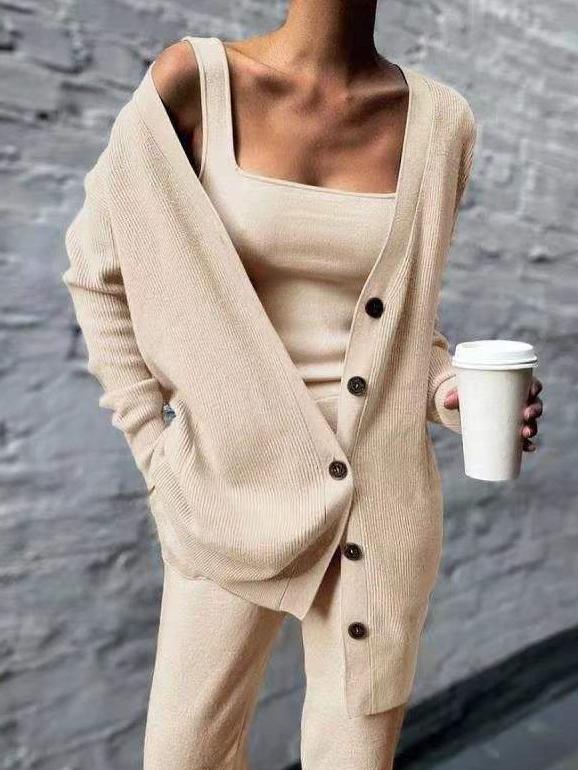 Amsoin Solid Button Long Sleeve Three-Piece Suit