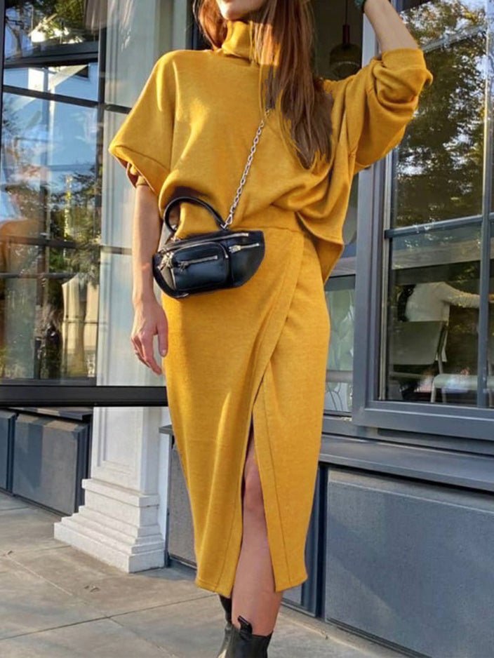 Amsoin Turtleneck Doll Sleeve Top & Skirt Two Piece Set