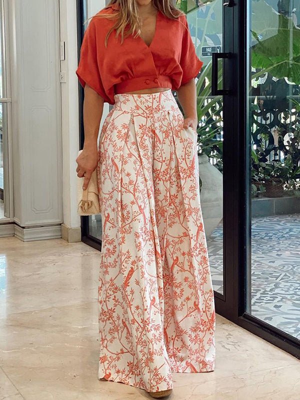 Amsoin Crop Top & Printed Wide-Leg Pants Two-Piece Set