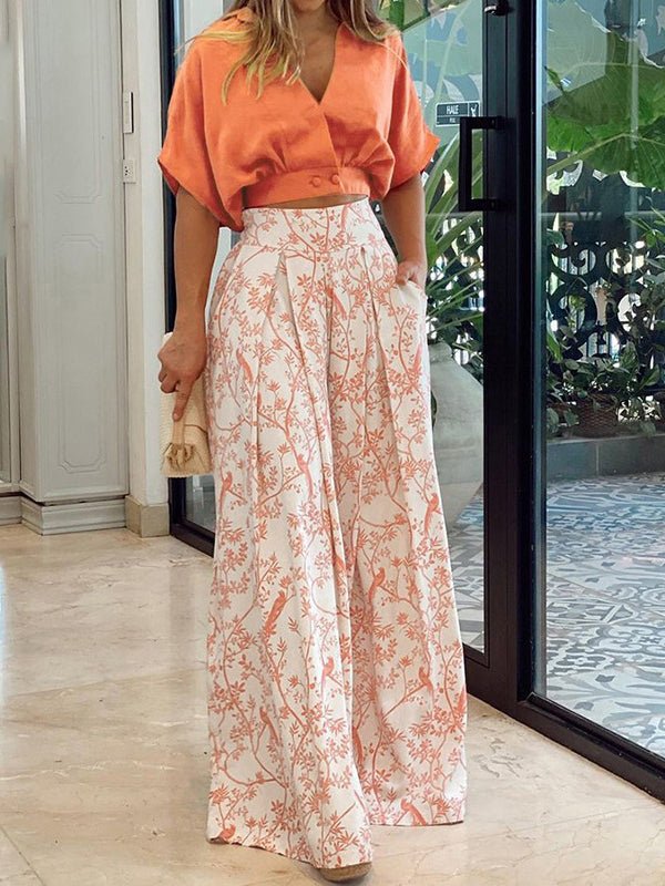 Amsoin Crop Top & Printed Wide-Leg Pants Two-Piece Set