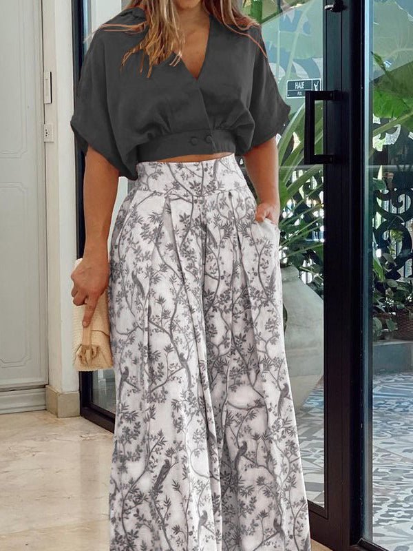 Amsoin Crop Top & Printed Wide-Leg Pants Two-Piece Set