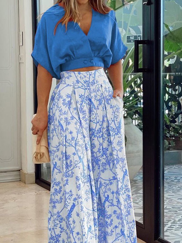 Amsoin Crop Top & Printed Wide-Leg Pants Two-Piece Set