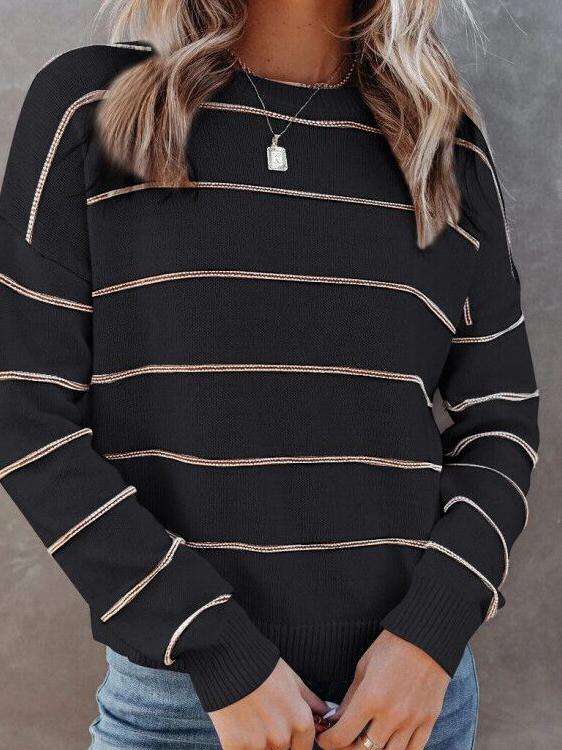 Amsoin Casual Round Neck Striped Long Sleeve Sweater